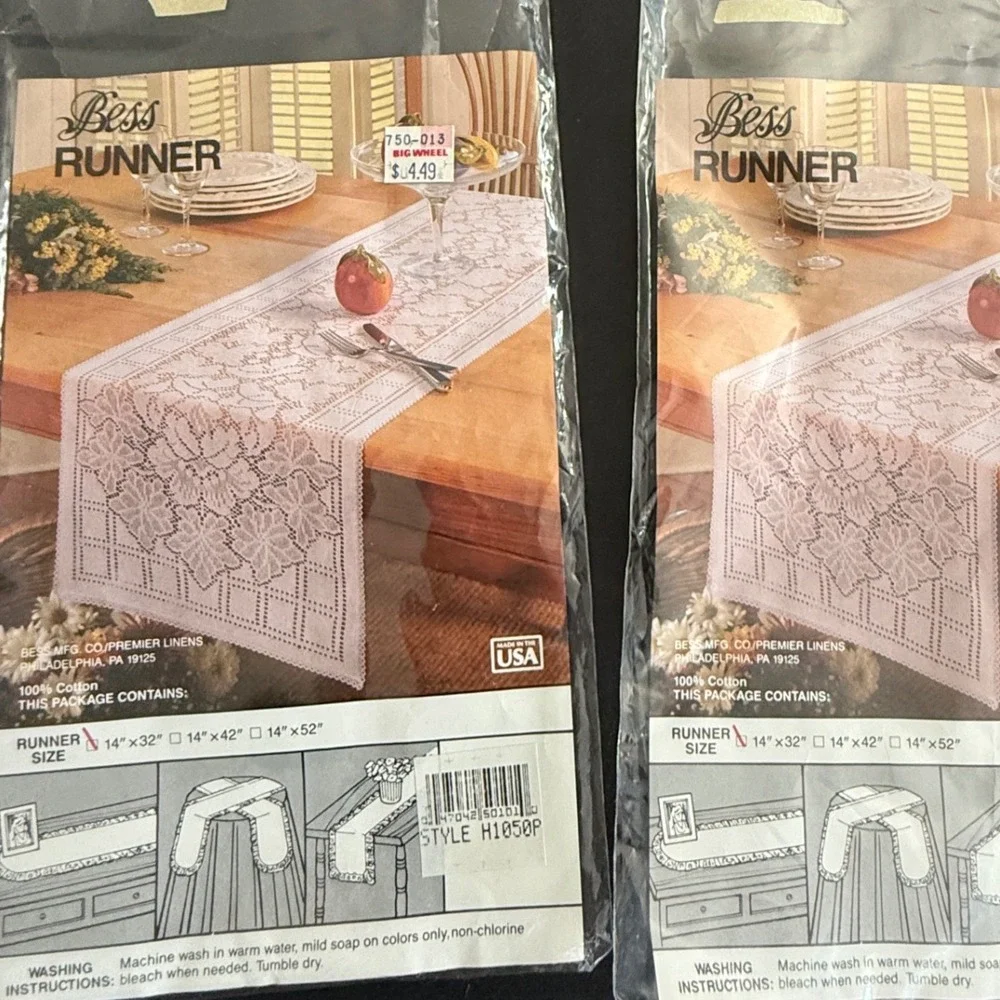 Bess Mfg White Cotton Lace Table Runners Set of 2 Style H1050P 14x32 Vintage USA